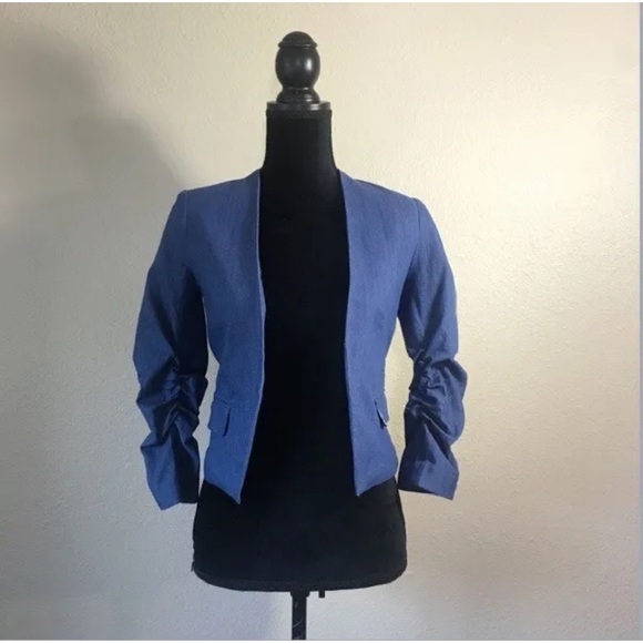 NWT! ESLEY Blue Cotton Blend Ruched Sleeve Open Cut Blazer Jacket - Small - Picture 10 of 16